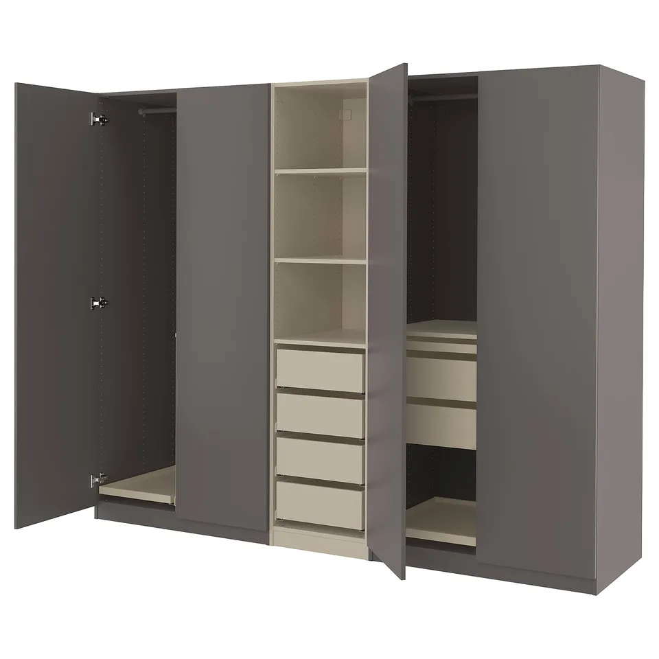 A grey PAX wardrobe with two open sections revealing shelves and drawers.