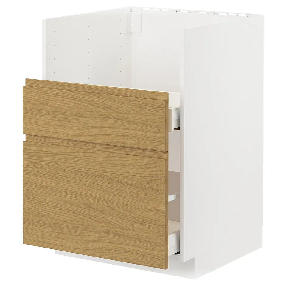 Modern white ikea METOD cabinet with oak-effect doors and minimalist handles.