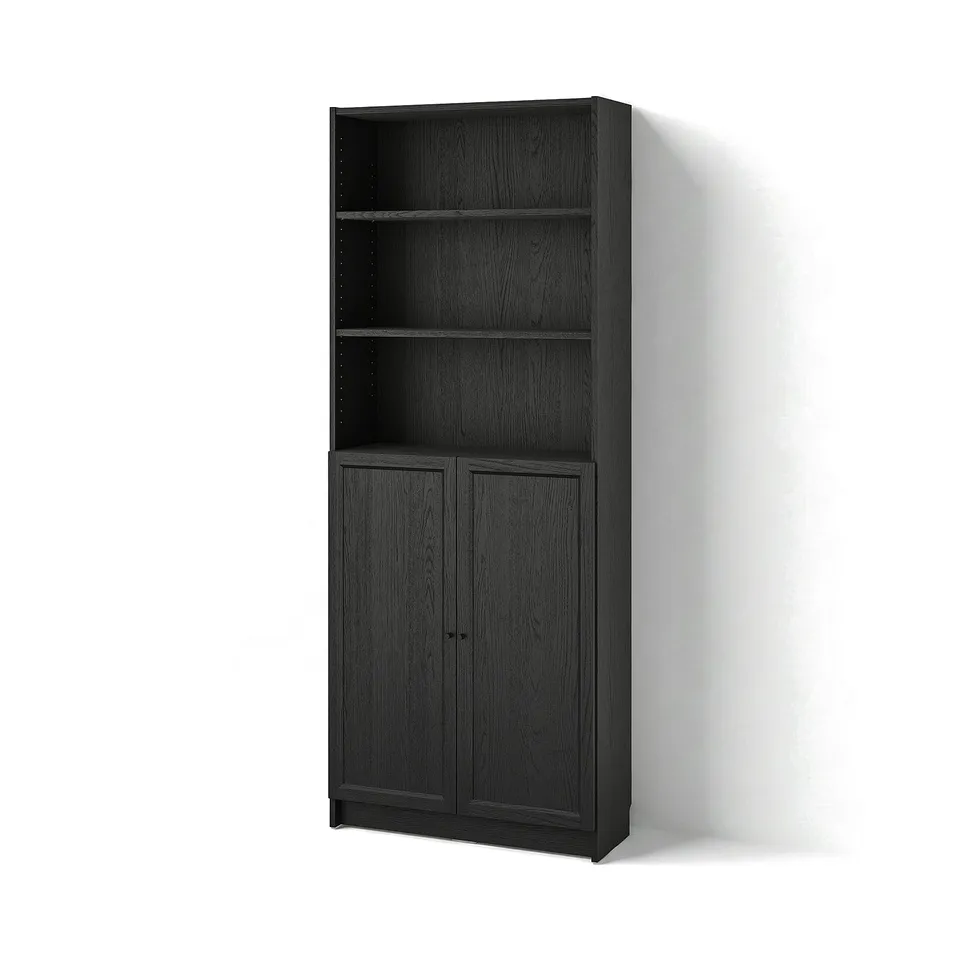 A black BILLY bookcase with adjustable shelves, combining open and closed storage, in a modern woodgrain finish.
