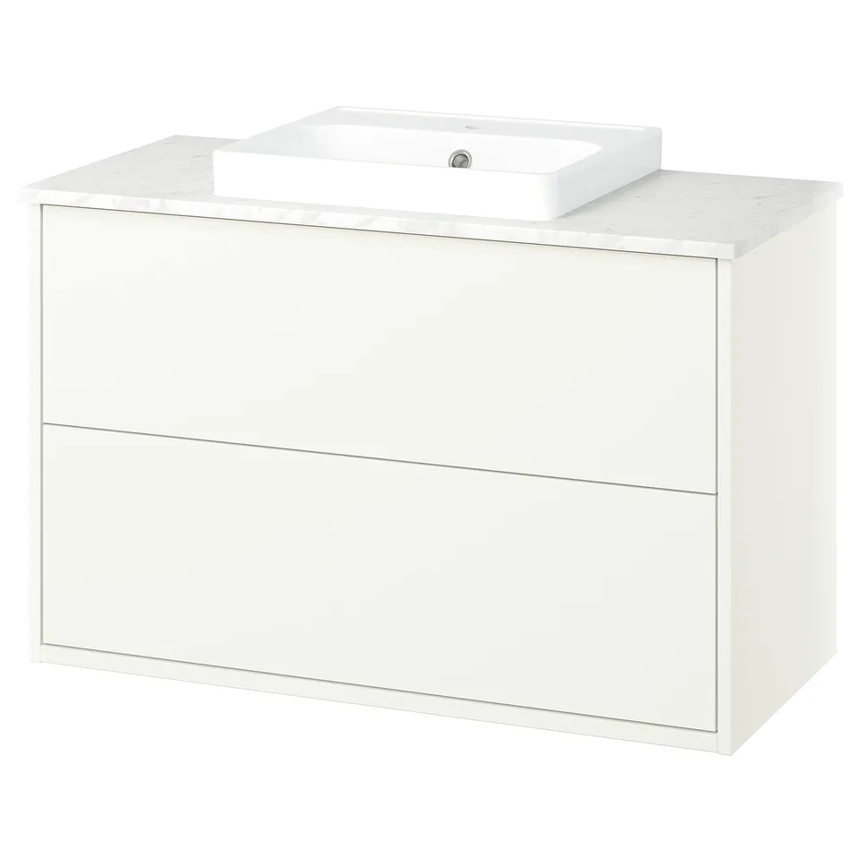 White wall-mount bathroom vanity with marble countertop and rectangular sink.