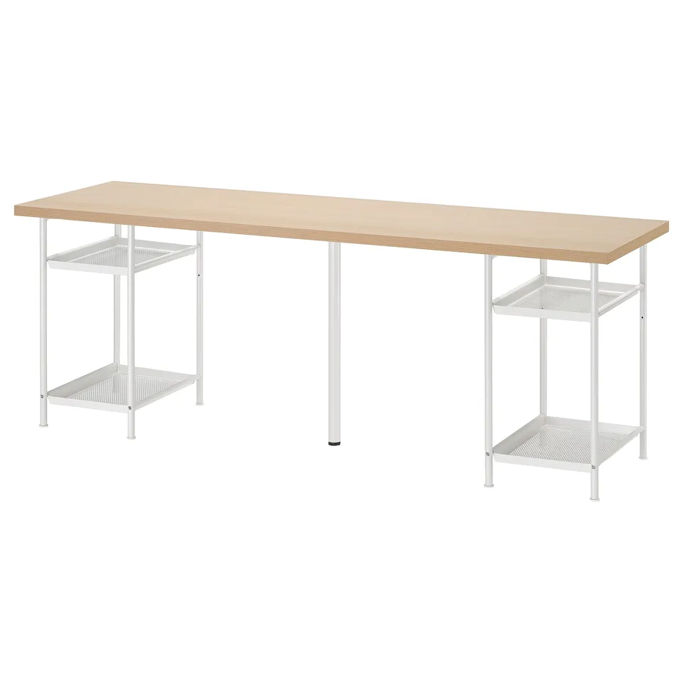 LAGKAPTEN: light wooden desk with white metal legs and shelves. Minimalist, modern design. Includes storage shelves.