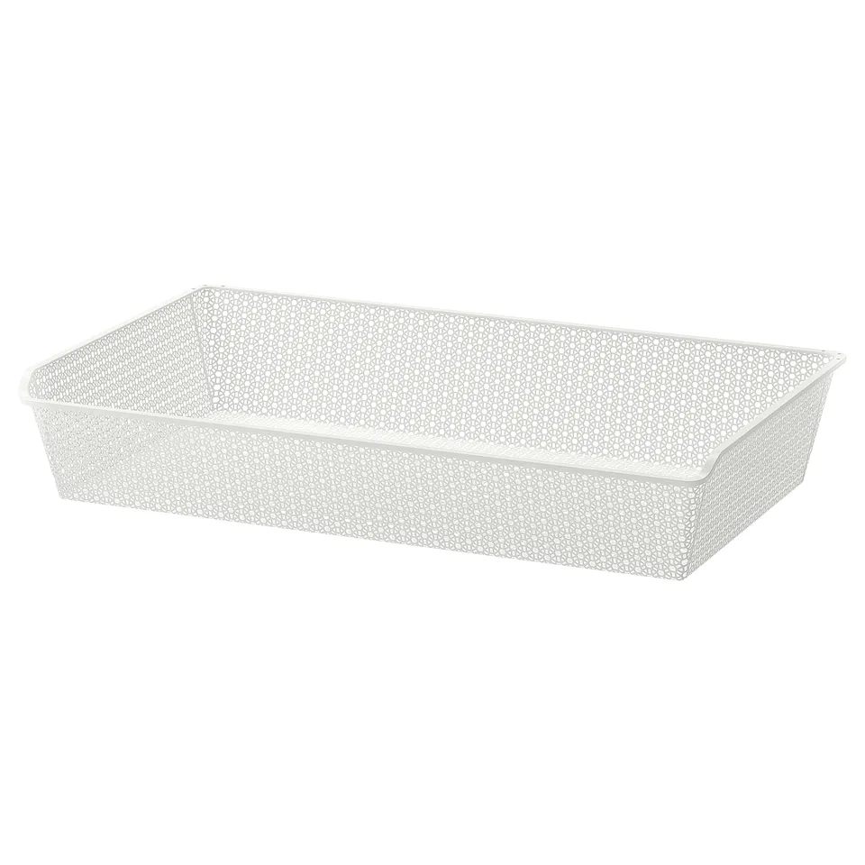 KOMPLEMENT white metal basket, rectangular, perforated design, for clothing storage.