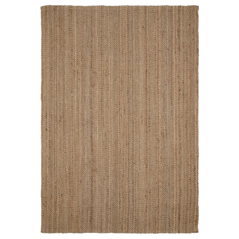 Natural tan jute rug, rectangular, textured weave, handwoven natural fibre floor mat.