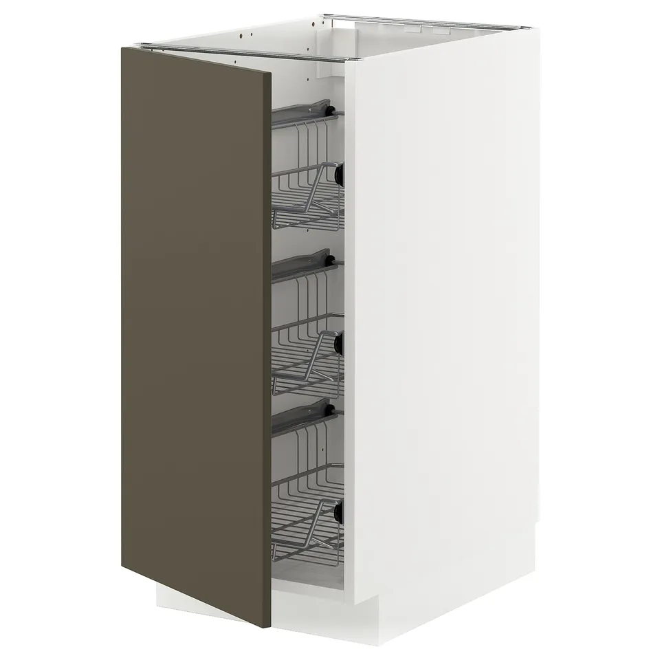 METOD kitchen cabinet, dark brown/beige, rectangular, with wire racks.