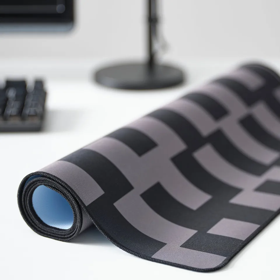 Gaming mouse pad unrolled on desk, showing wide chequered pattern.