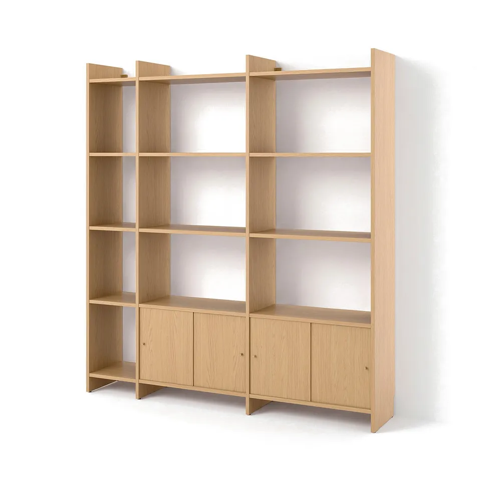 LÅDMAKARE Storage combination w sliding doors, with 11 shelves/oak effect, 198x35x212 cm