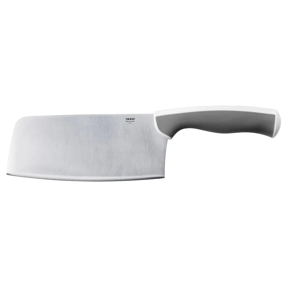 An ÄNDLIG knife with a grey handle and stainless steel blade. The design a large, curved blade for stability.