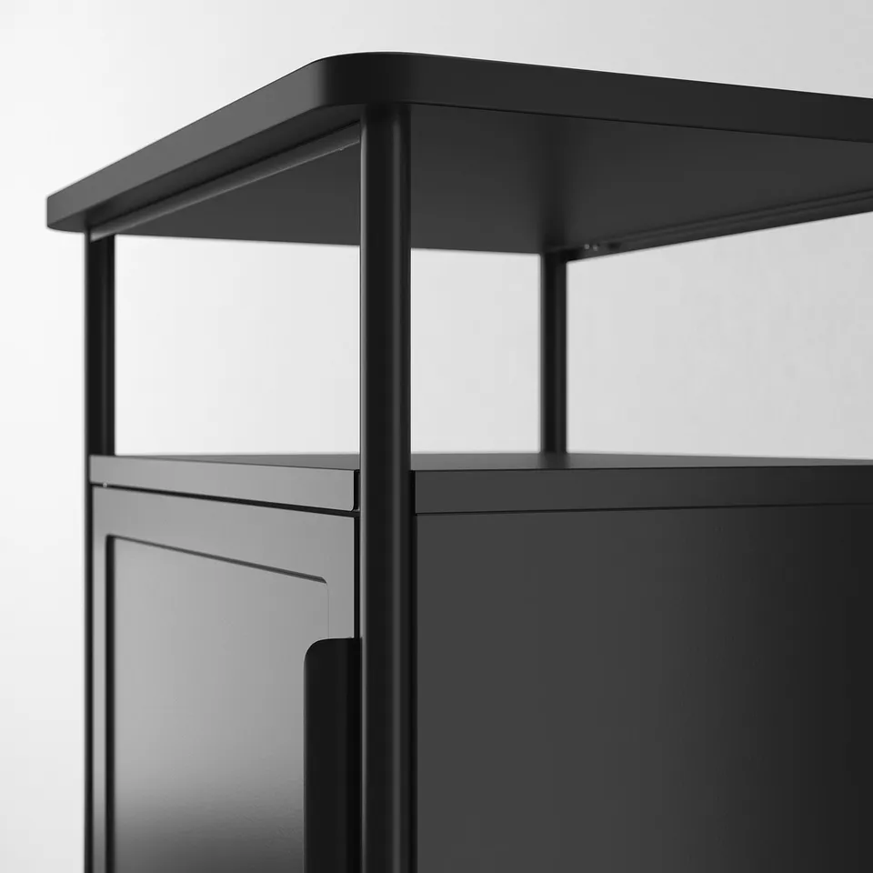 Modern black metal bed frame detail, showcasing sleek design and sturdy construction.