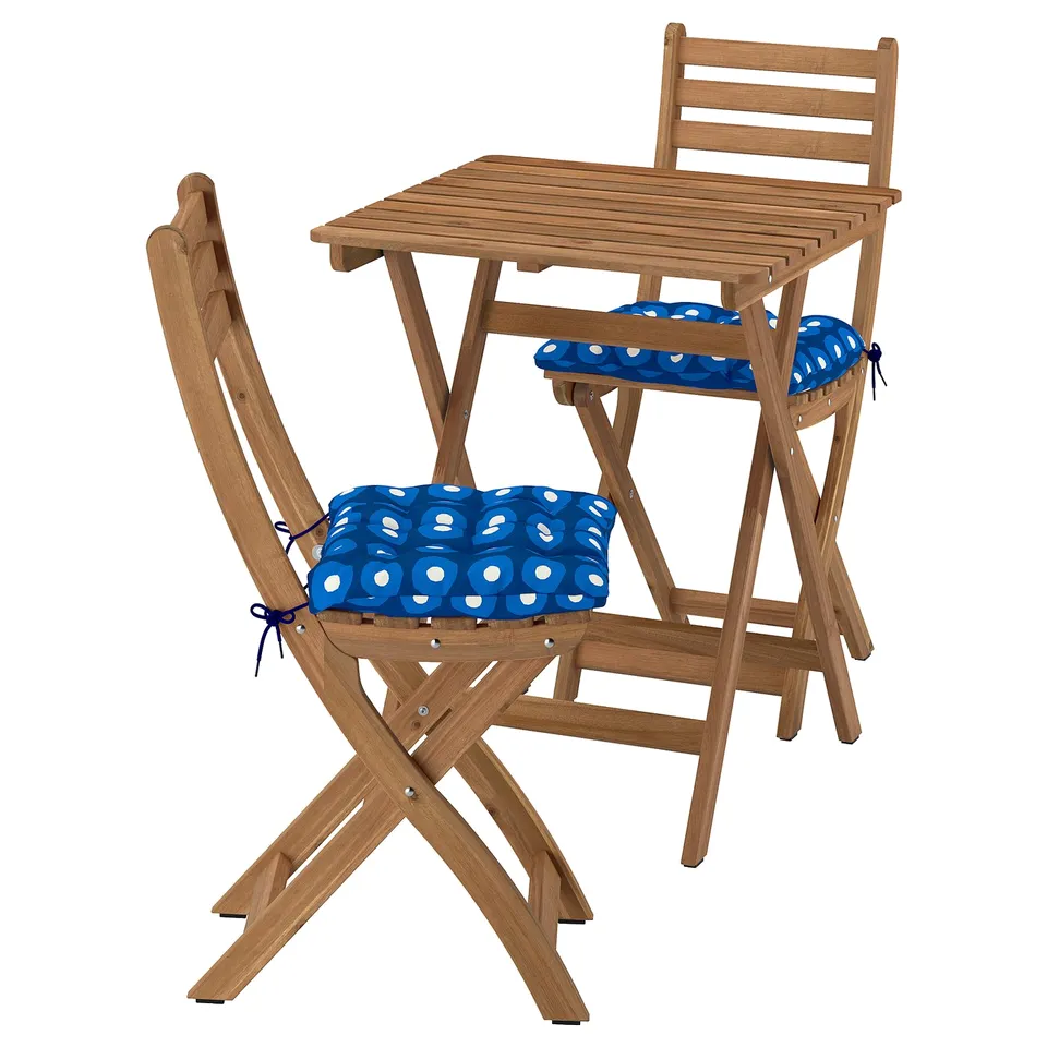 Blue cushioned wooden patio chairs and table set.
