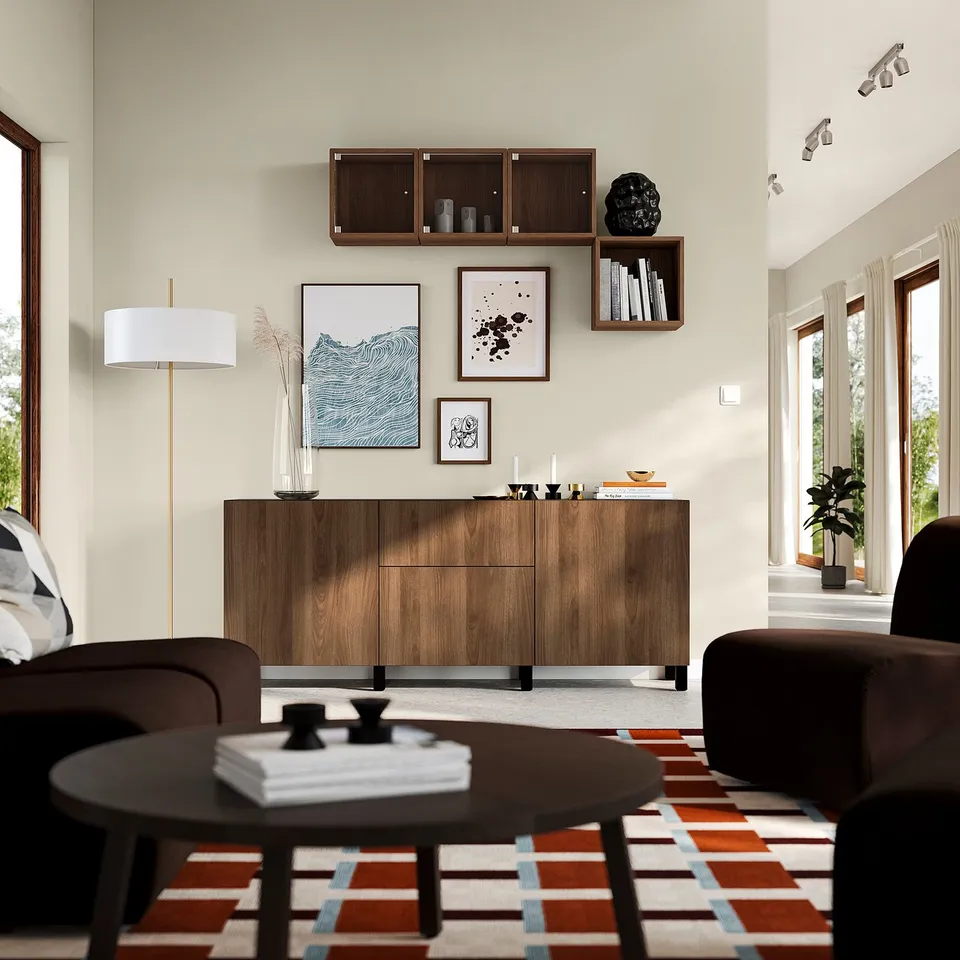 BESTÅ Storage combination with drawers, black-brown Lappviken/Stubbarp/brown walnut effect, 180x42x74 cm