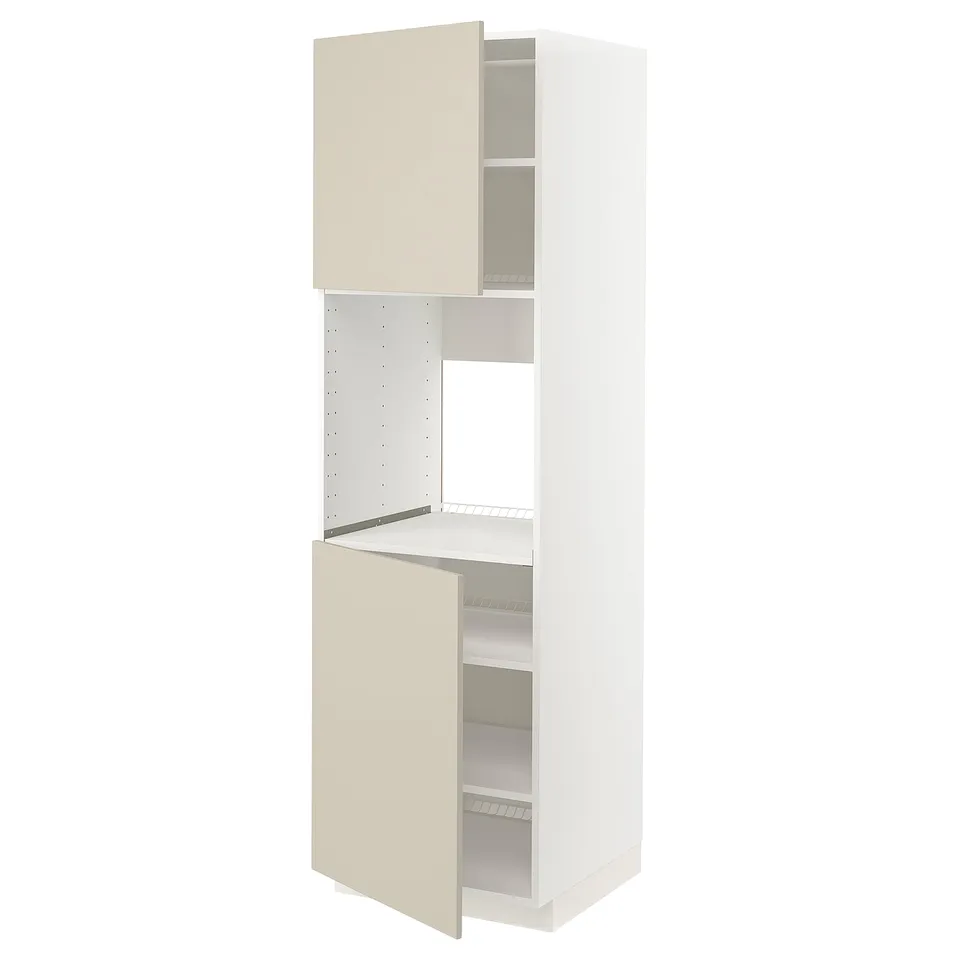 White METOD kitchen cabinet with beige doors, three shelves.