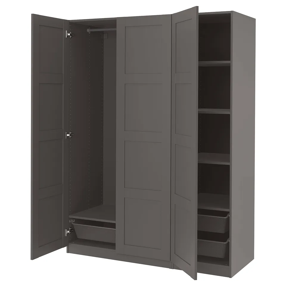A grey PAX wardrobe with open doors, revealing shelves and storage inside.