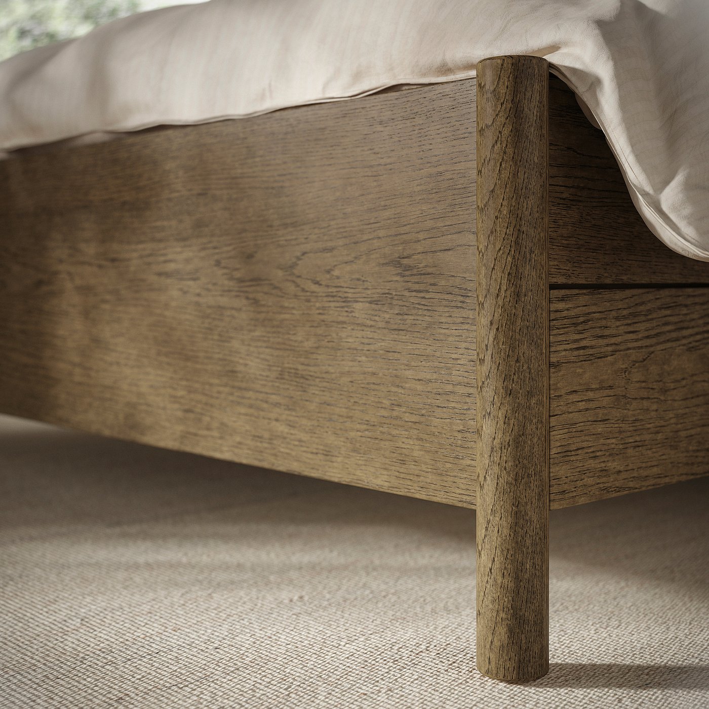 Wooden bed frame with craftsmanship and soft-close drawers, cosy setup.