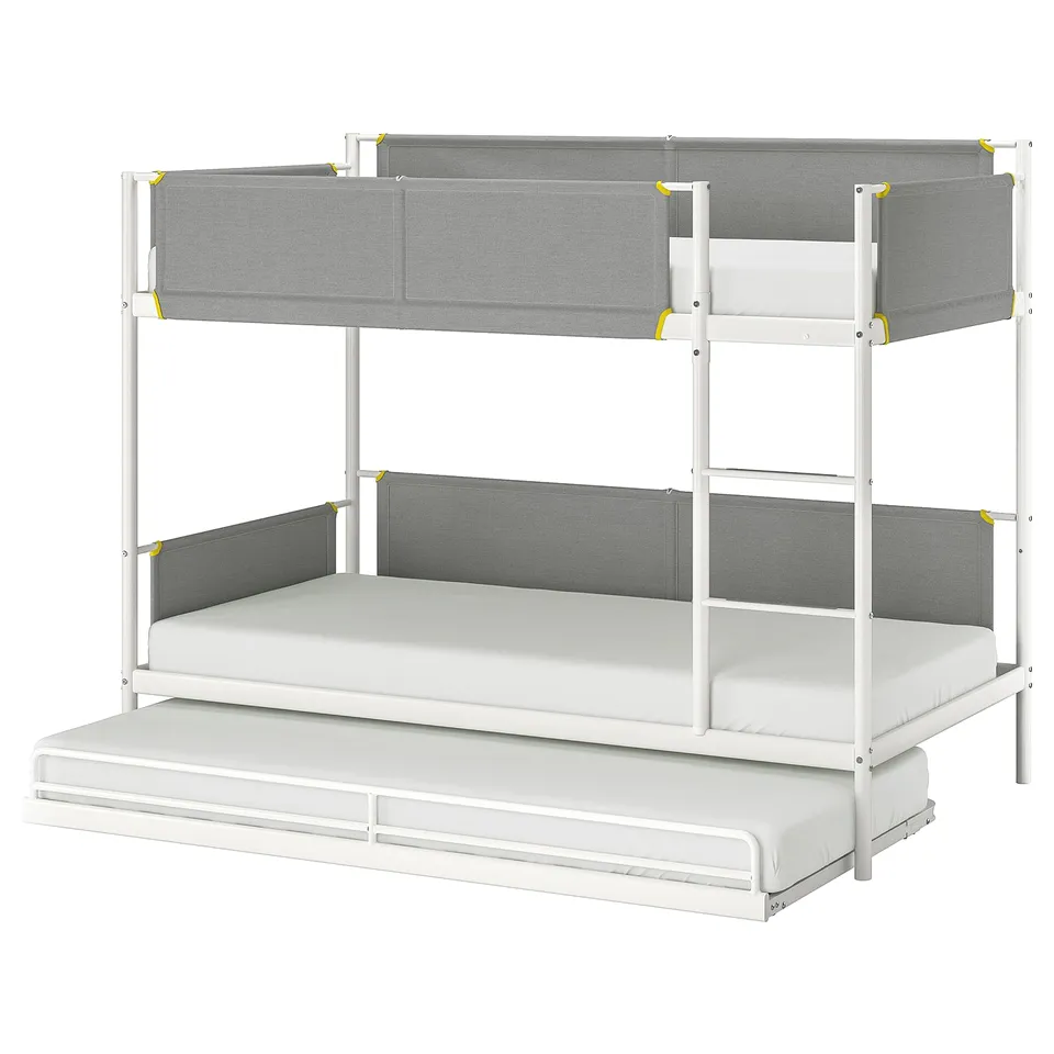 VITVAL bunk bed: white metal frame, grey fabric guardrails, soft edges, lower bed converts to sofa, versatile design.