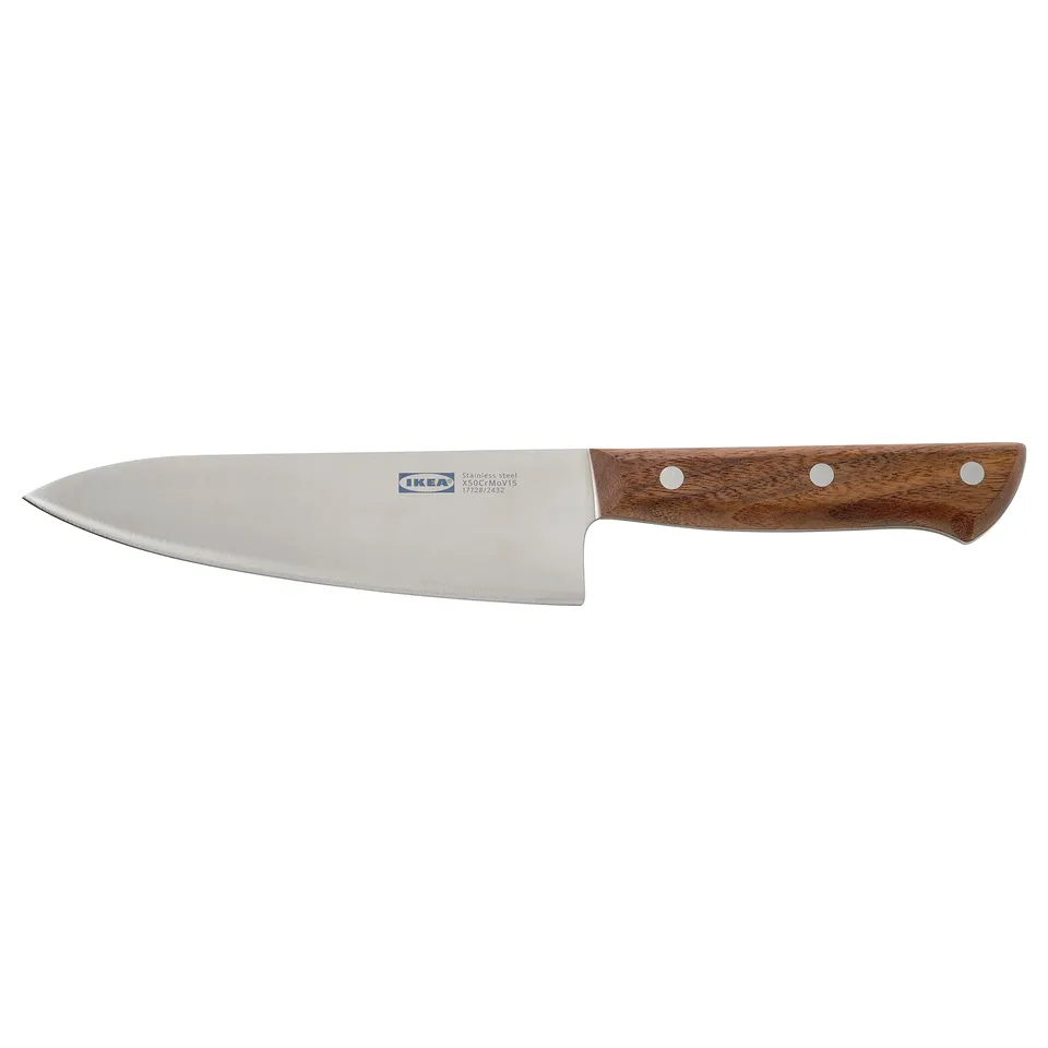 Ikea VARDAGEN knife, dark walnut handle, stainless steel blade, sharp tip, balanced design.