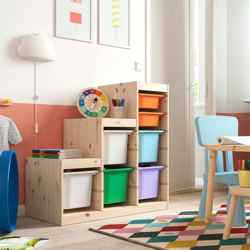 TROFAST storage with colourful bins, ideal for kids rooms.