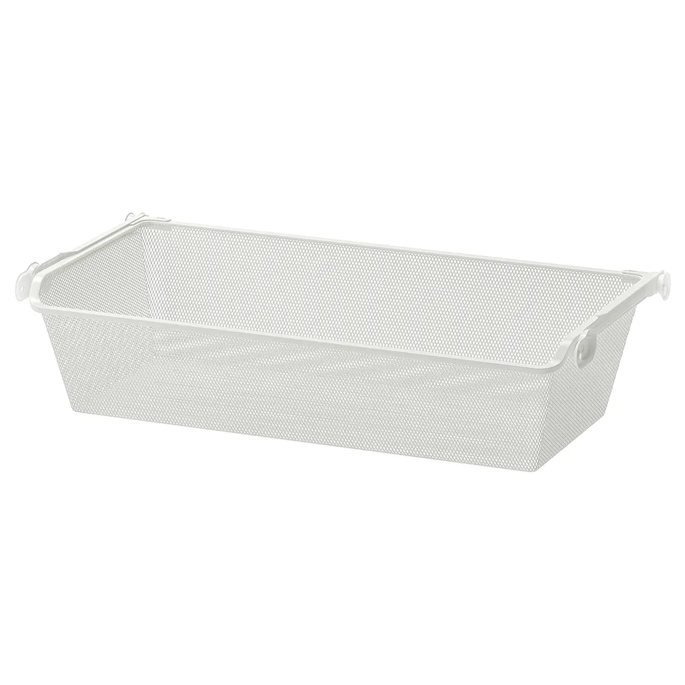 A white mesh KOMPLEMENT basket with handles, ideal for storing clothes and allowing air circulation.