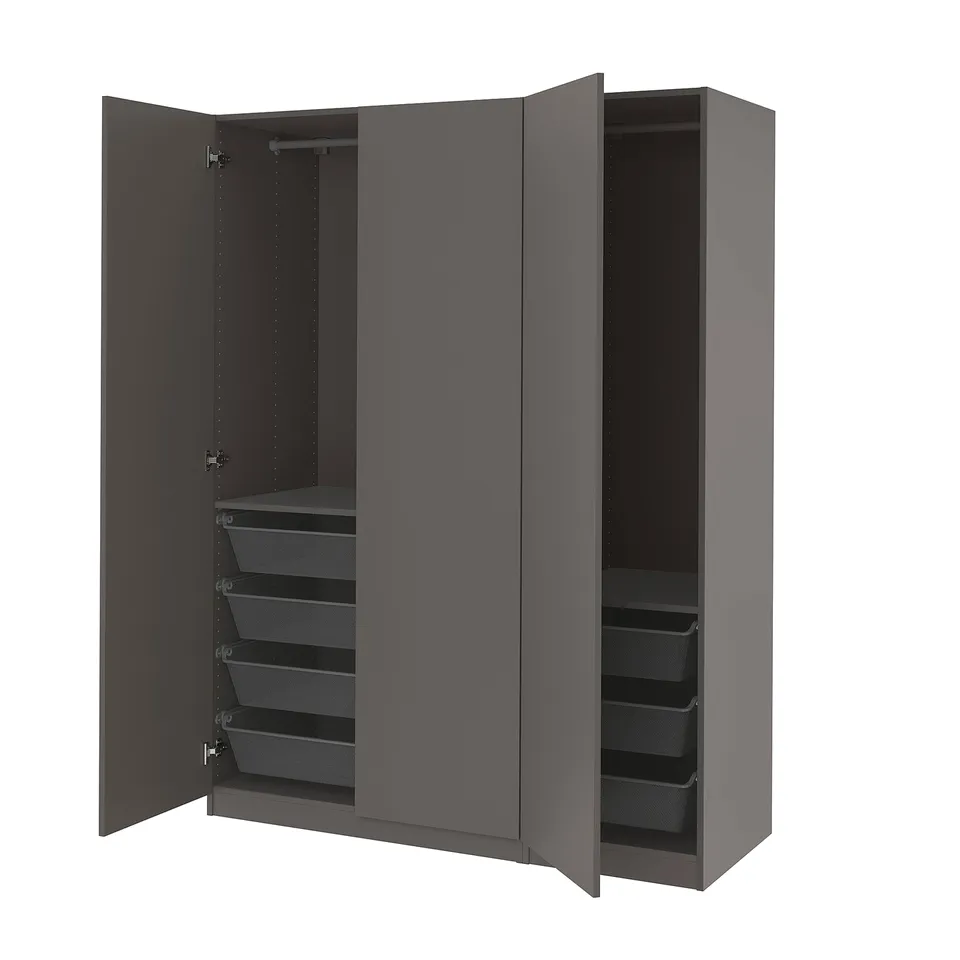 A grey PAX wardrobe with mesh baskets. It has two open doors revealing hanging rods and shelves.