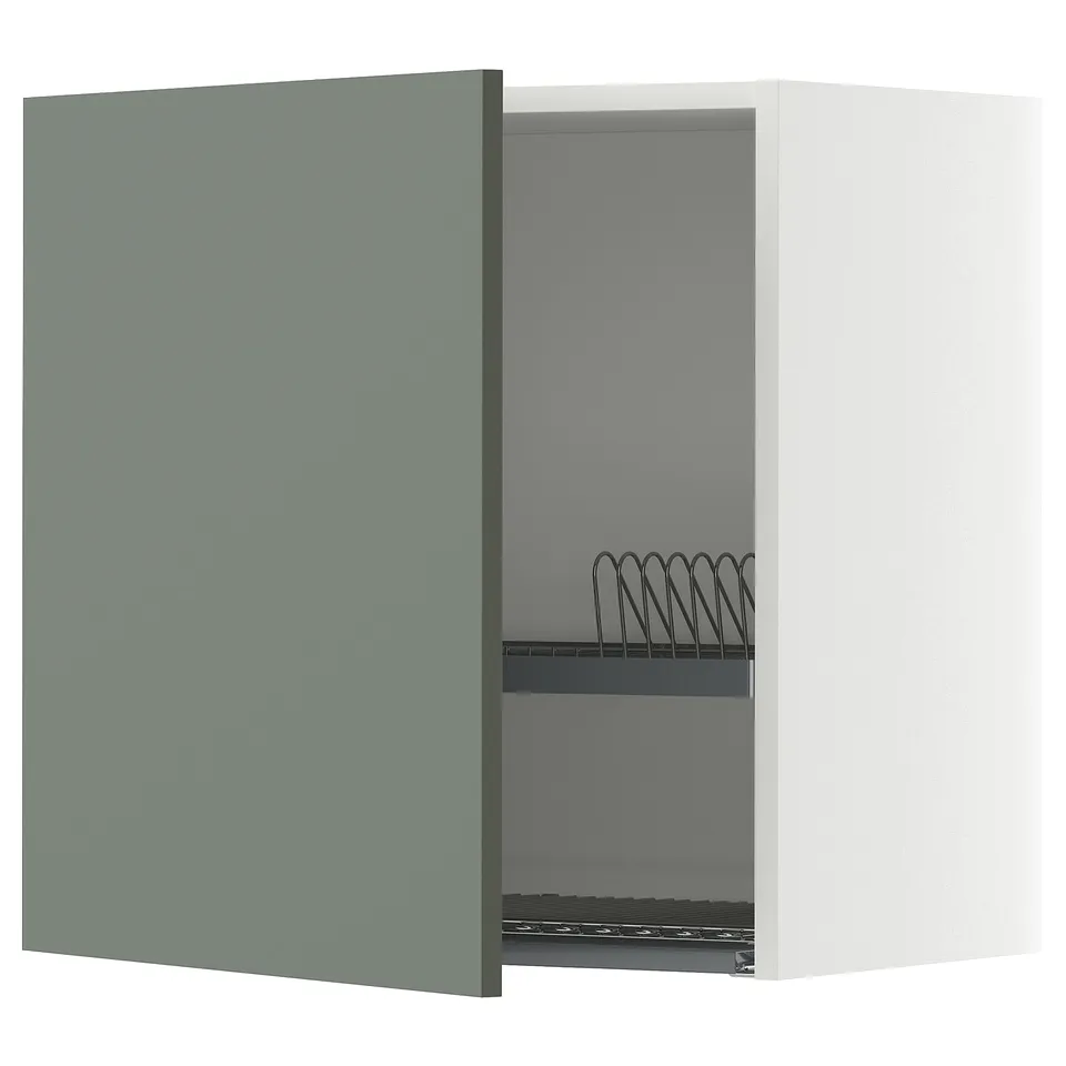 METOD kitchen cabinet, grey-green, rectangular, with open door revealing wire shelves.
