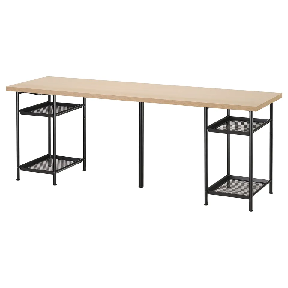 LAGKAPTEN desk: light wood top, black metal legs, rectangular. Two-tier shelves for storage.