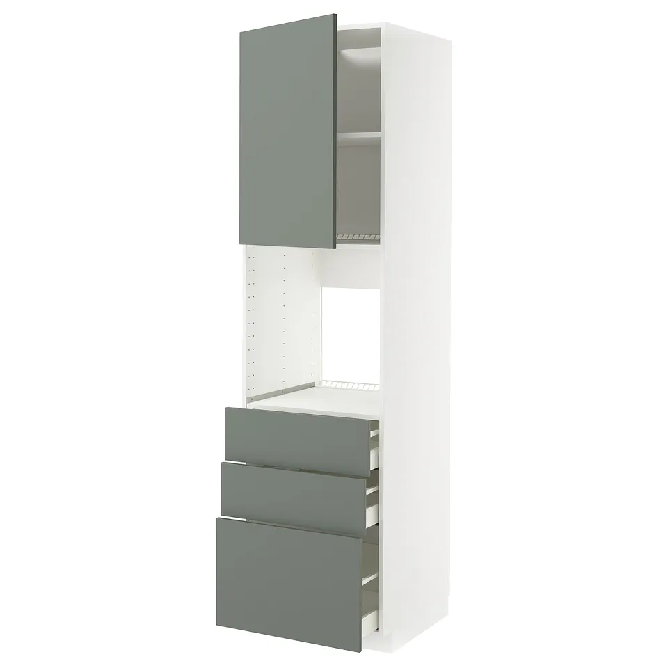 A tall, modern kitchen cabinet unit in white with grey-green drawers and a door, part of the METOD kitchen system by IKEA.