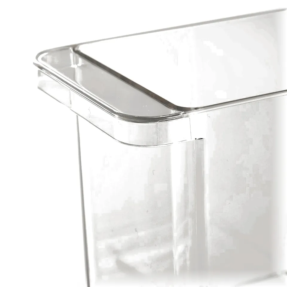 Clear plastic storage bin with rounded handles, ideal for fridge organisation.