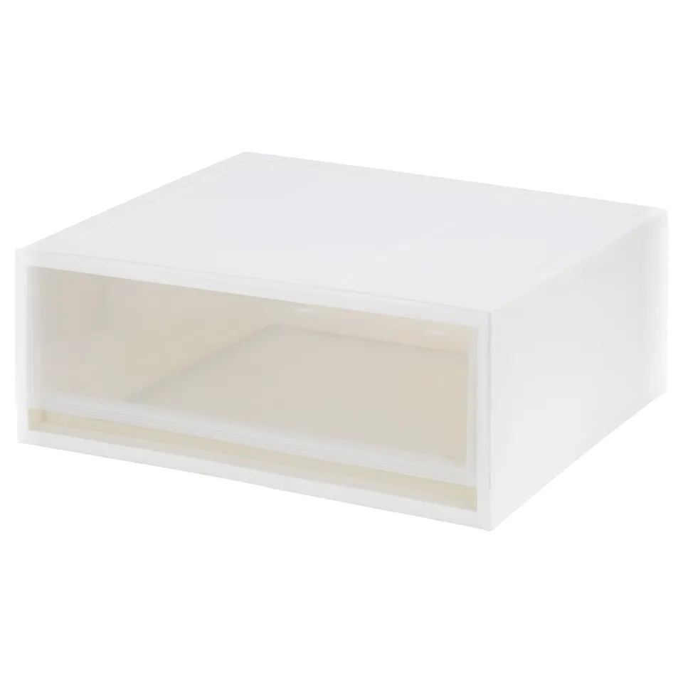 A white SOPPROT pull-out storage unit made of plastic, with a transparent front.