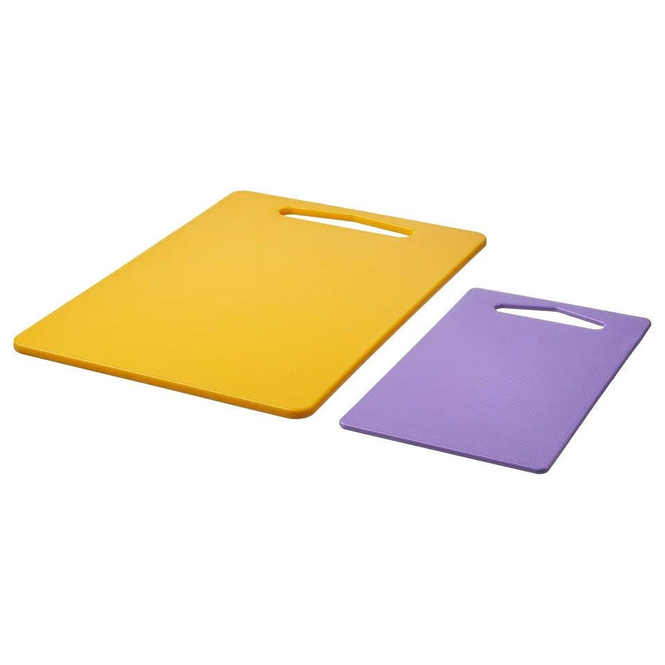 Yellow & purple cutting boards with handles, polyethylene, knife safe, dishwasher safe.