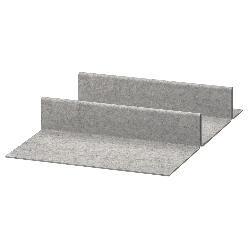 Two grey felt shoe shelves, rectangular, with angled edges.
