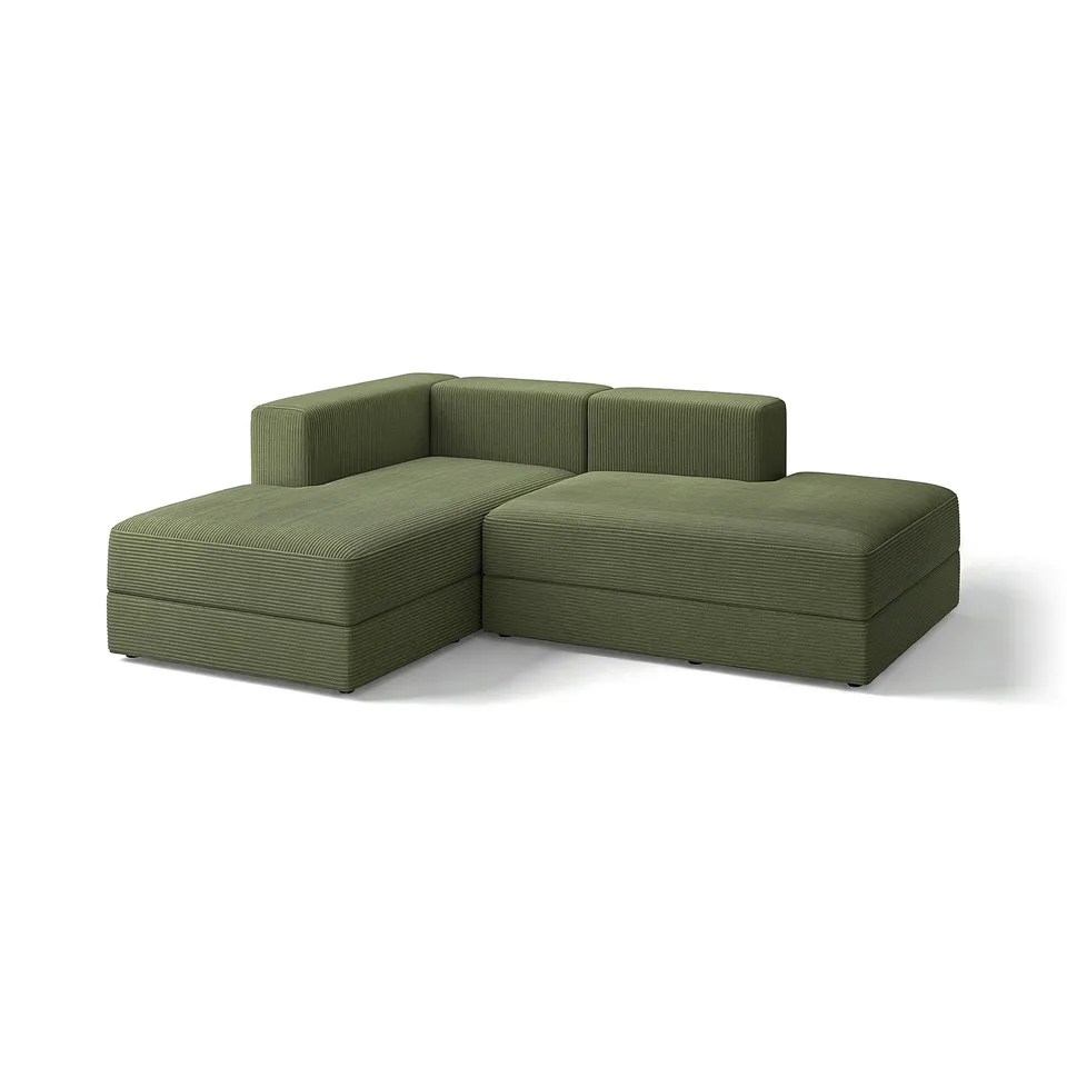 Broken-down green sectional sofa with various modules, modern minimalist design.