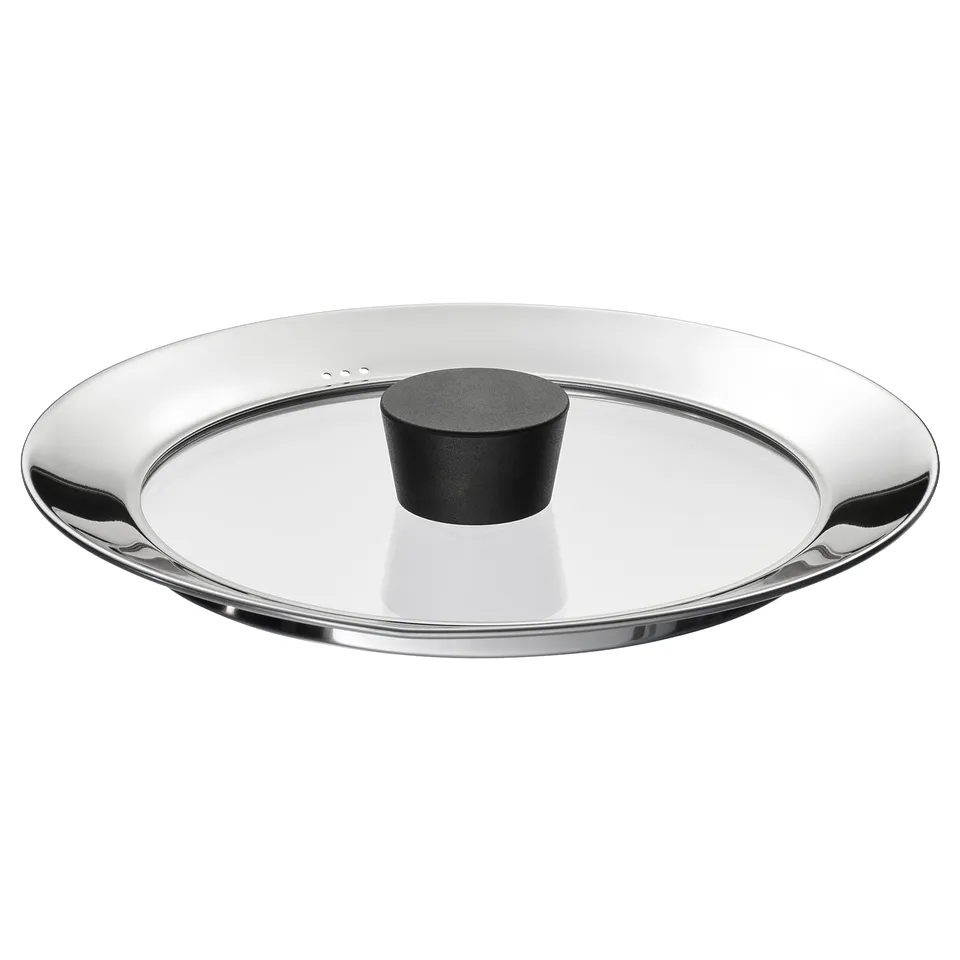 KLOCKREN lid: clear glass, wide metal rim, black handle, fits 2/3l pots.