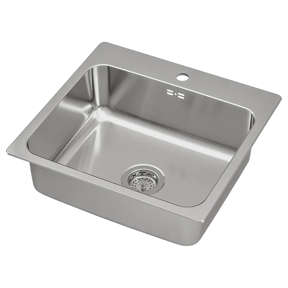 LÅNGUDDEN stainless steel sink, sleek grey, rectangular single bowl, modern design.