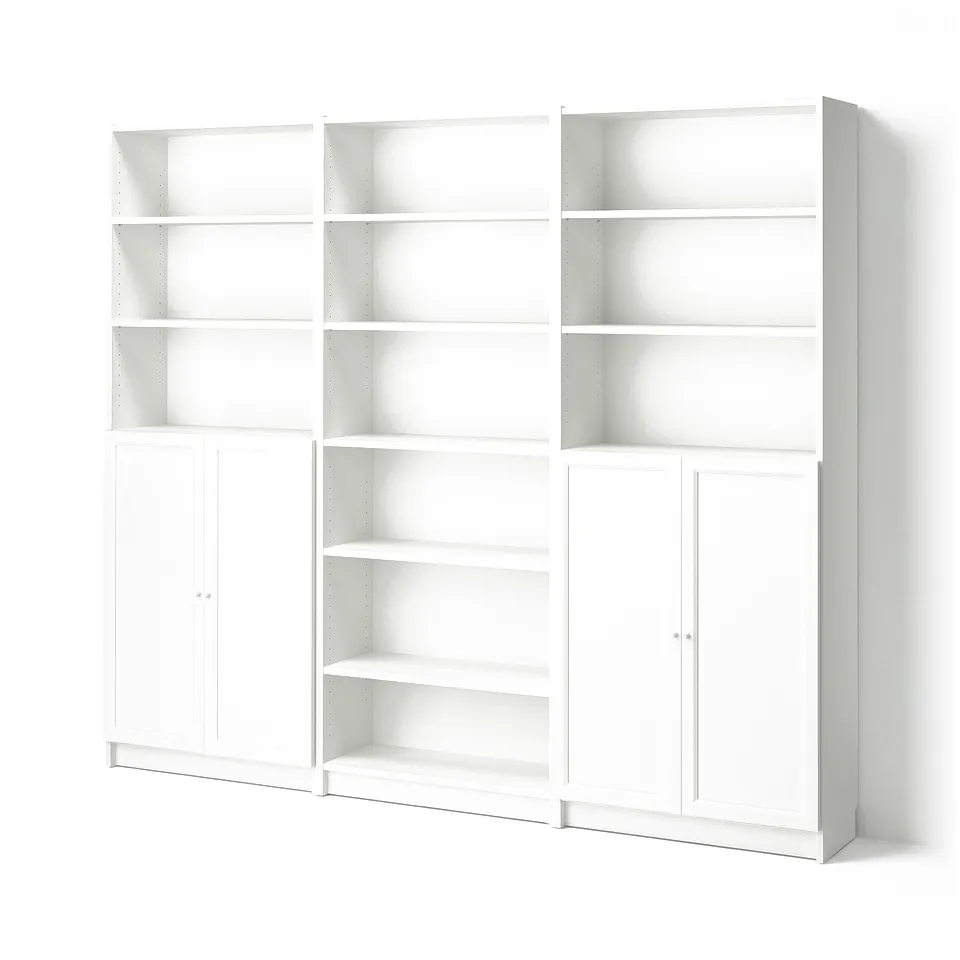 White BILLY bookshelf with open and closed storage, modern minimalist design.