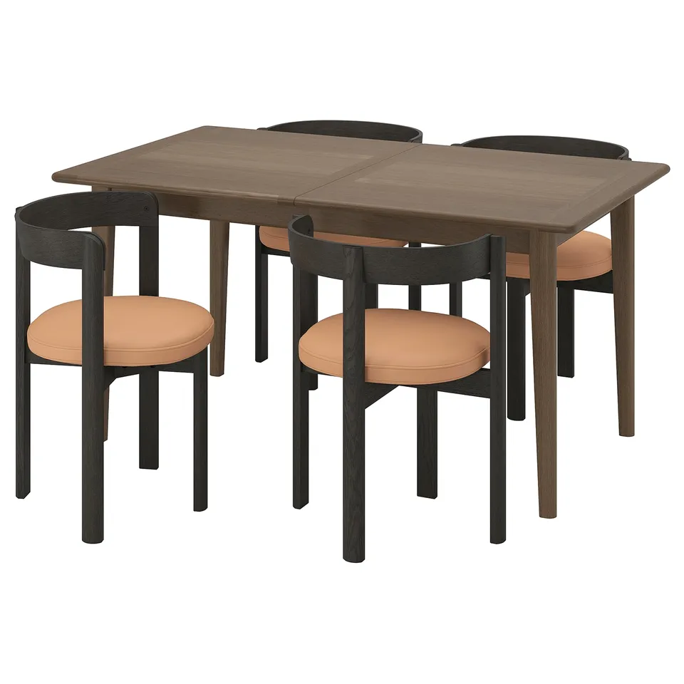 A dark brown extendable dining table with four matching chairs. The chairs have light brown cushioned seats and dark brown backs.