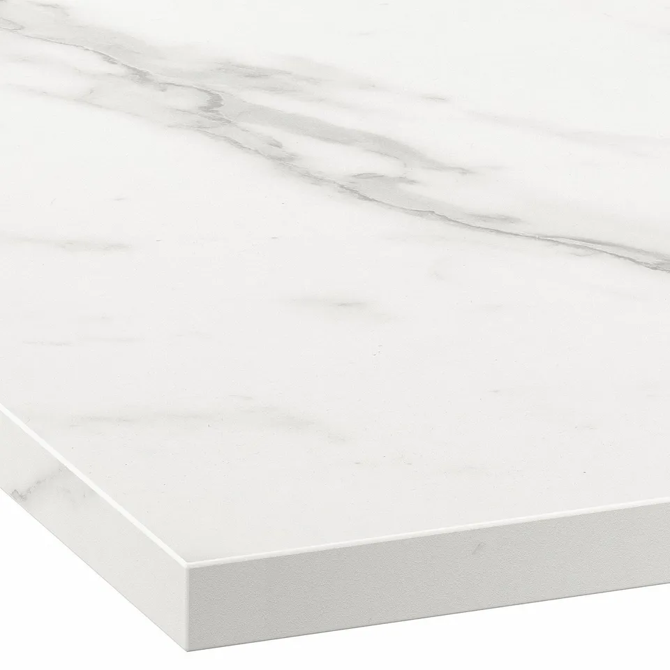 A sleek, white countertop showcasing high-quality laminate with smooth edges, designed for durability and easy cleaning.