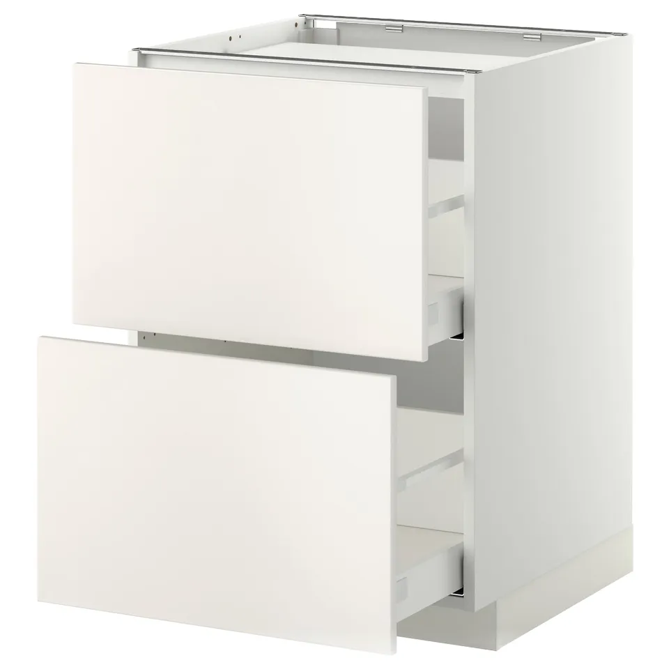 A white METOD kitchen cabinet with two drawers. It has a sleek, modern design and is made from fiberboard and particleboard with a smooth finish.