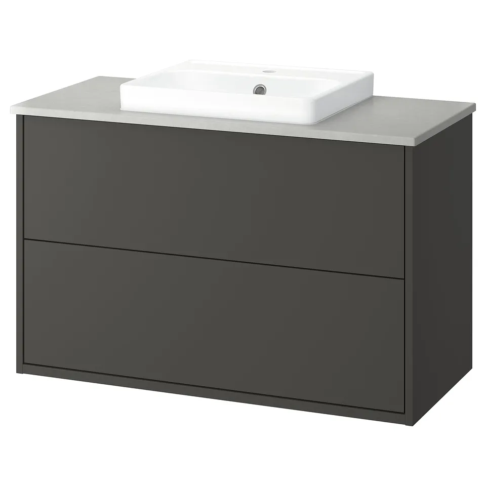 Grey HAVBÄCK bathroom vanity with rectangular sink, two drawers.
