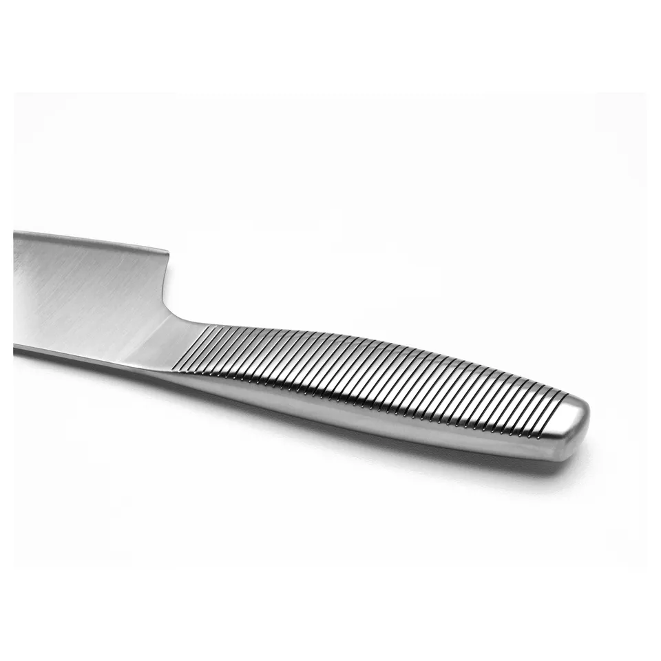 Close-up of a well-made stainless steel knife by IKEA 365+, showing its grooved handle for secure grip and sharp blade.