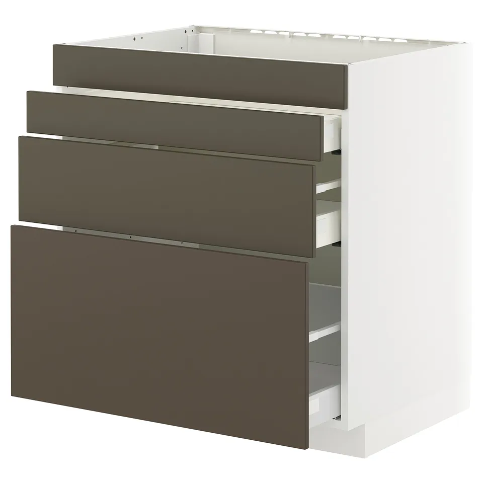 METOD kitchen cabinet with 3 havstorp dark brown drawers.