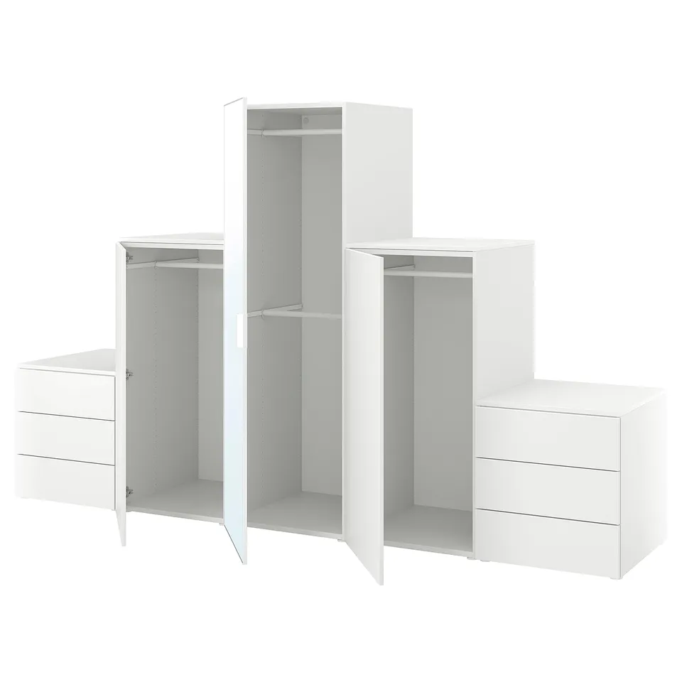 PLATSA Wardrobe with 3 doors+6 drawers, white STRAUMEN mirror glass/FONNES white, 300x57x181 cm