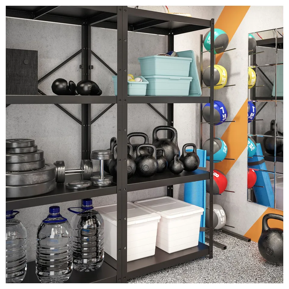 Black metal storage shelf with various workout equipment and water bottles on shelves.