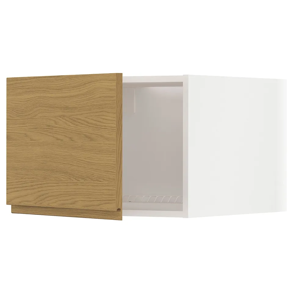 Minimalist kitchen unit in oak with white interior, square shape.