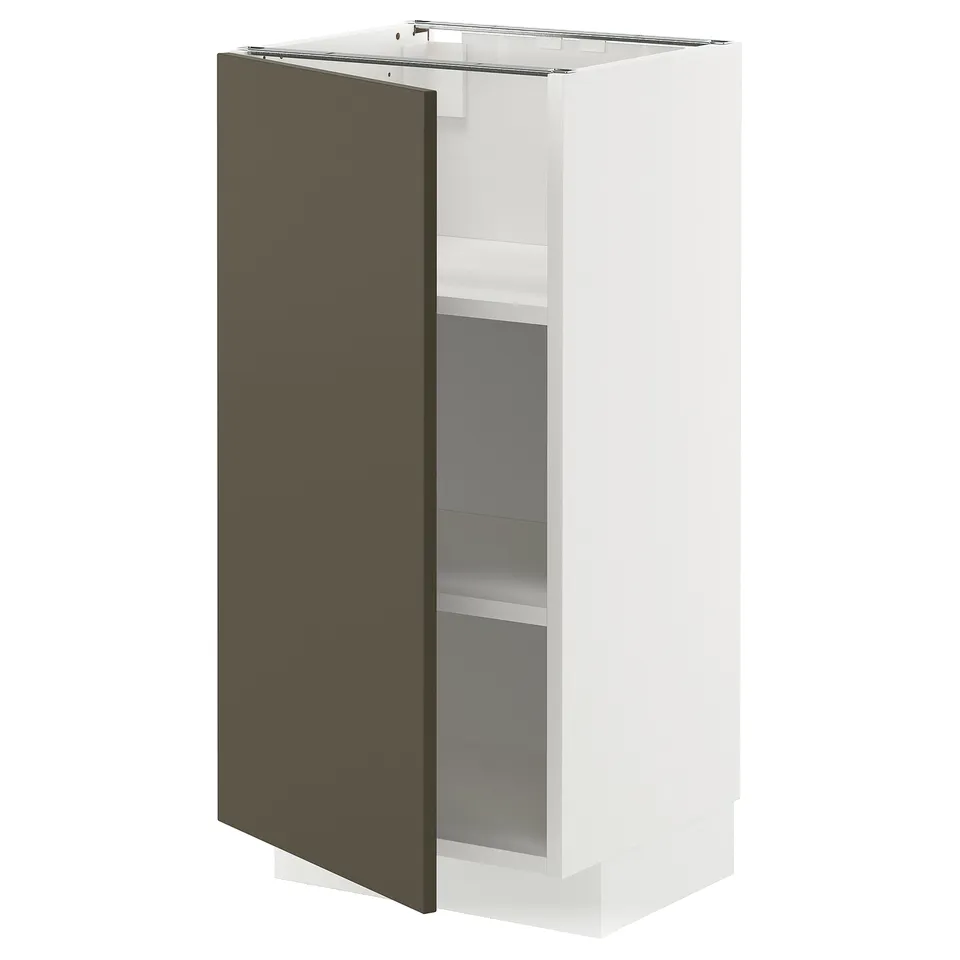 Modern kitchen cabinet, white and dark brown, with metal handles, adjustable shelves.