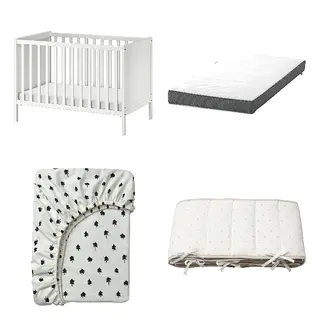 DRÖMMANDE/GRÖNFINK/LENAST/SUNDVIK set: cot + pocket spring mattress for cot + fitted sheet for cot + bumper pad