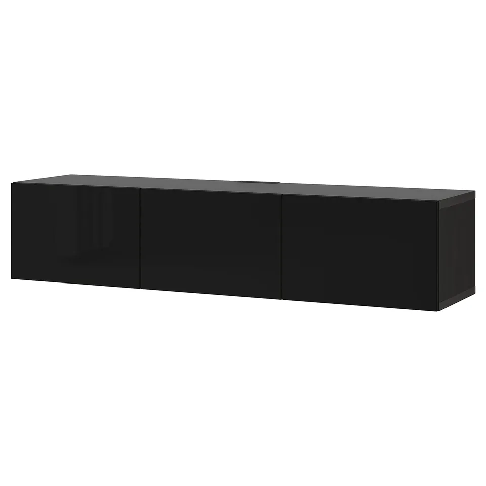 Black ikea BESTÅ wall-mounted tv unit, sleek rectangular design with three doors.