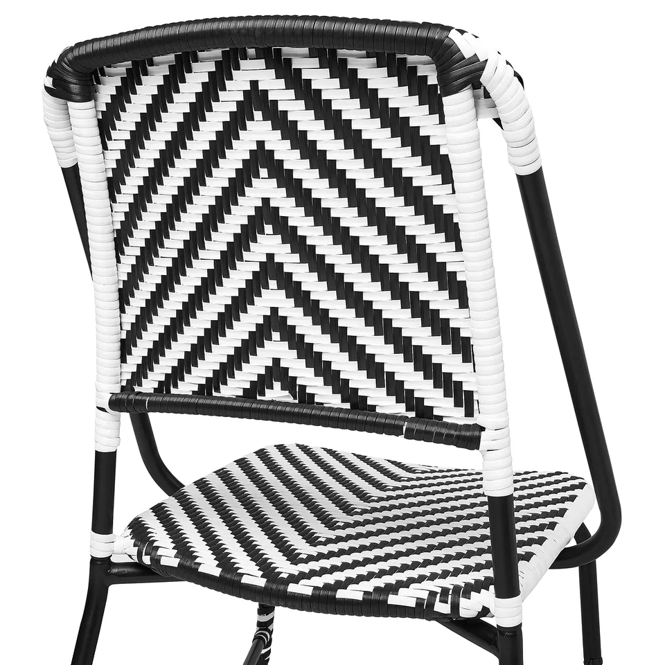 Black & white woven patio chair, handcrafted with sturdy metal frame, comfortable & weather-resistant.