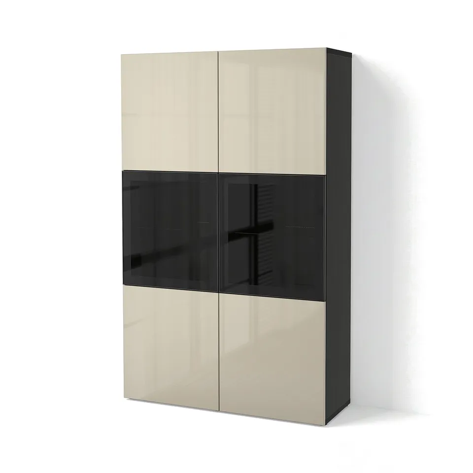 BESTÅ Storage combination w glass doors, black-brown/Selsviken high-gloss/beige clear glass, 120x42x193 cm
