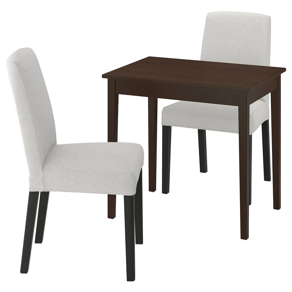 Small dining set with dark brown table and 2 light grey chairs, sleek and modern design.