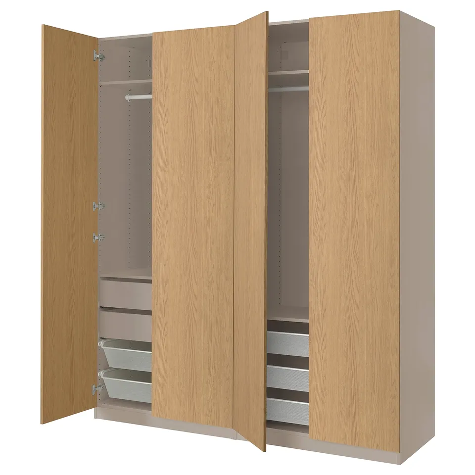 PAX wardrobe: light wood, three sections, two open showing shelves, drawers, rail.