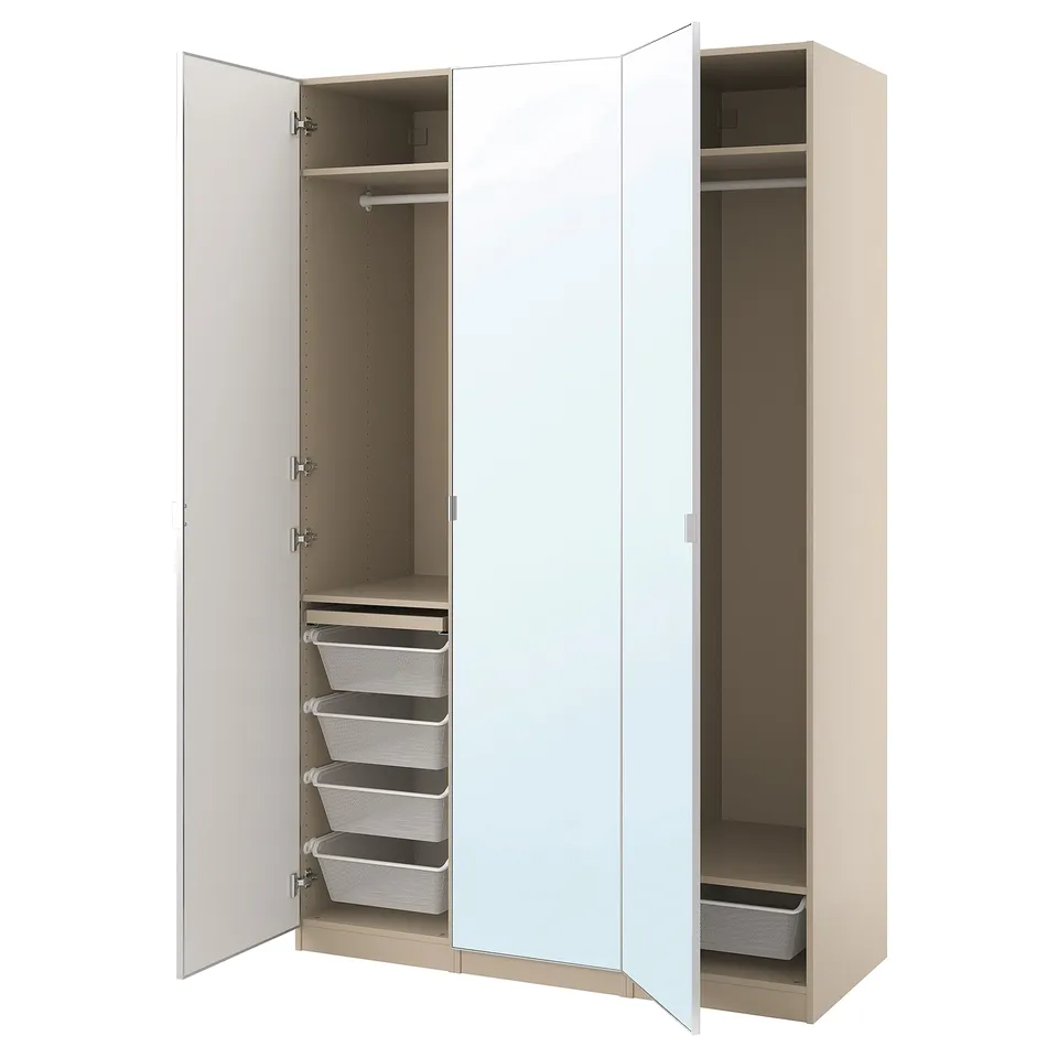An open white PAX wardrobe with multiple compartments, including shelves and mesh baskets.